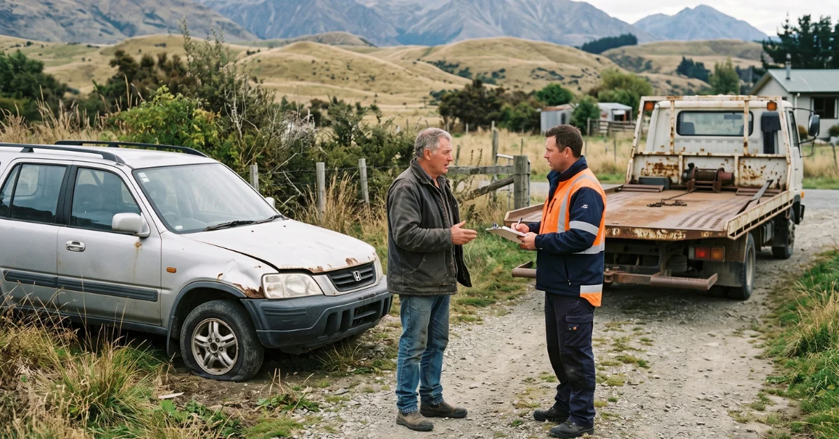 Cash for Cars in Otago technician with a clipboard discussing a transaction with an older man beside an old silver SUV and a flatbed tow truck in a rural Otago landscape.