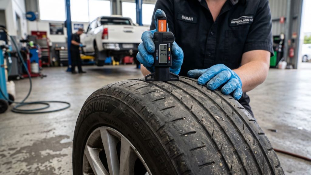 wof fail reasons nz – worn tyre with low tread depth causing WOF inspection failure in New Zealand