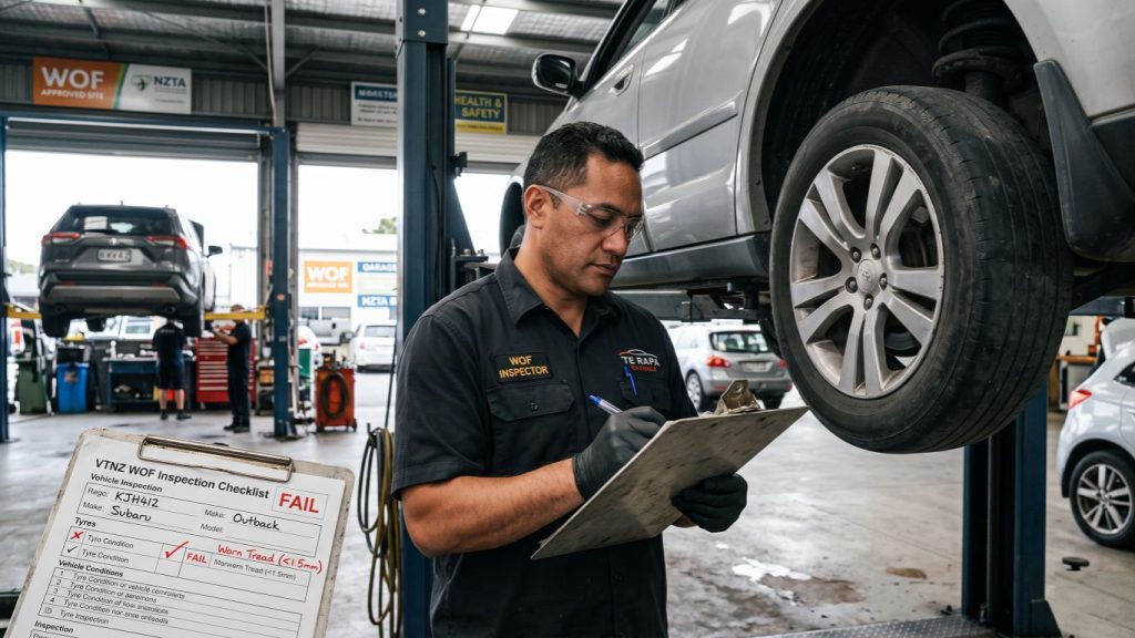 wof fail reasons nz – mechanic checking a failed WOF inspection with common vehicle safety issues in New Zealand