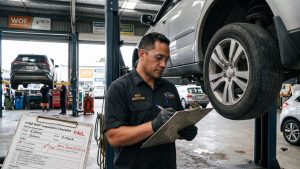 wof fail reasons nz – mechanic checking a failed WOF inspection with common vehicle safety issues in New Zealand