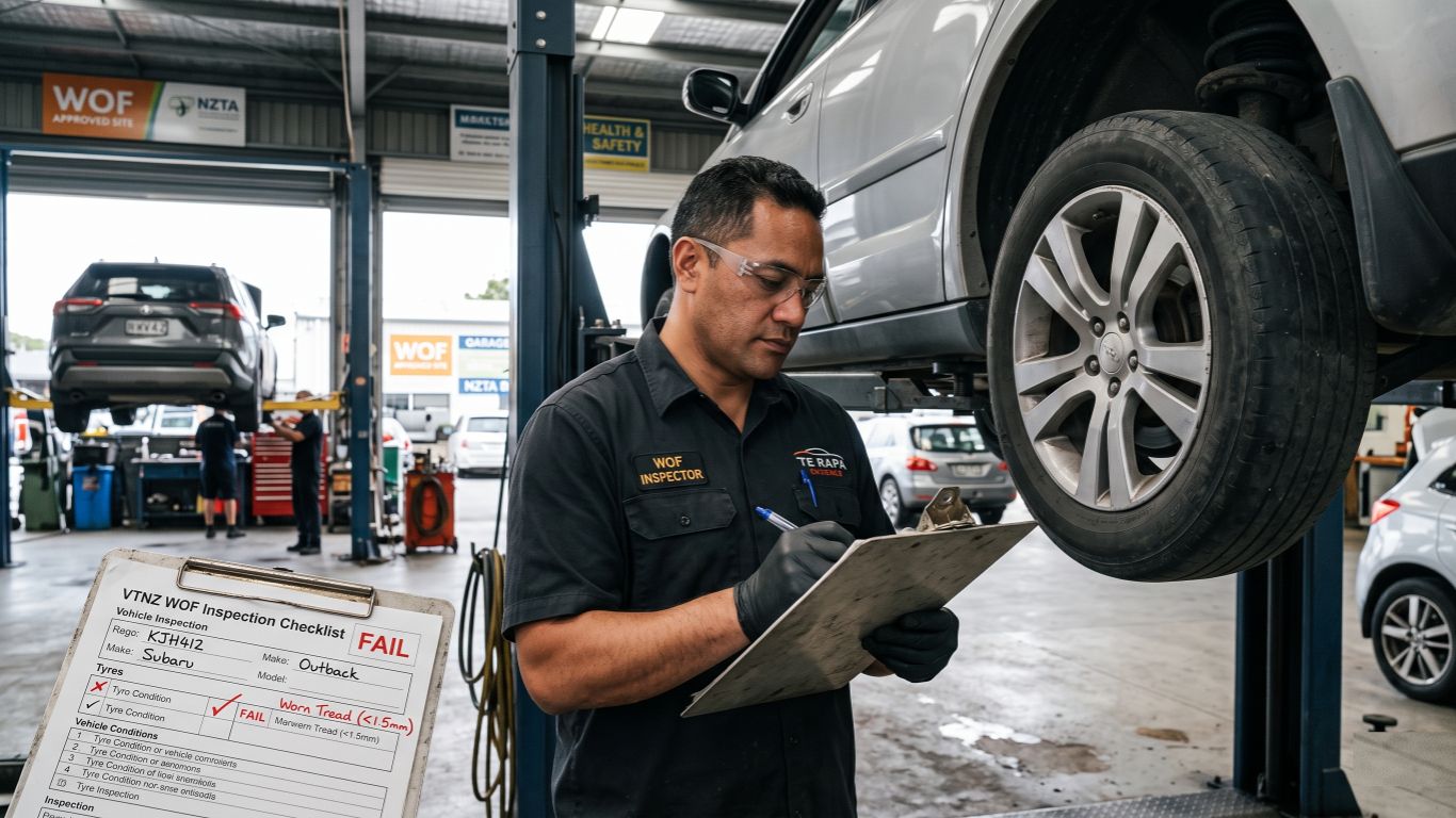 wof fail reasons nz – mechanic checking a failed WOF inspection with common vehicle safety issues in New Zealand