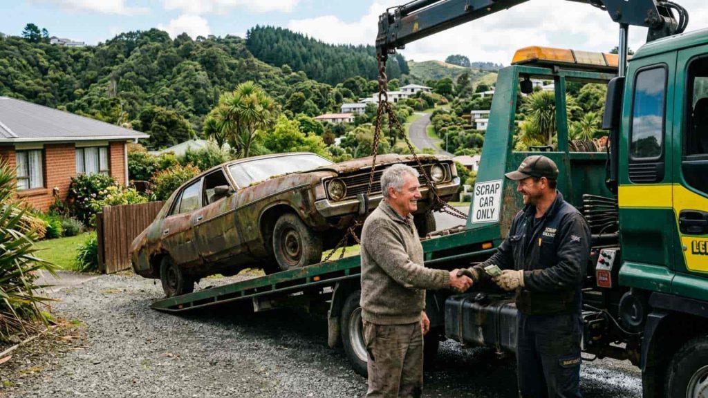 Scrap car owner selling vehicle to wrecker in New Zealand showing how to sell a scrap car in New Zealand process.