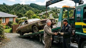 Scrap car owner selling vehicle to wrecker in New Zealand showing how to sell a scrap car in New Zealand process.