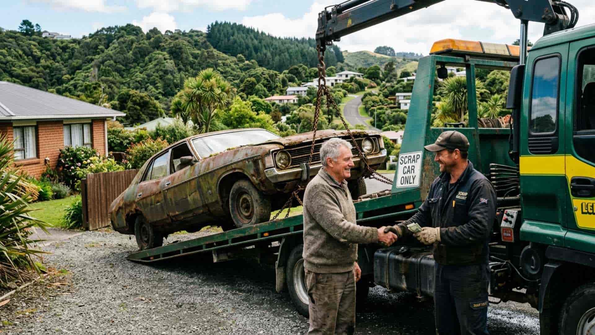 Scrap car owner selling vehicle to wrecker in New Zealand showing how to sell a scrap car in New Zealand process.
