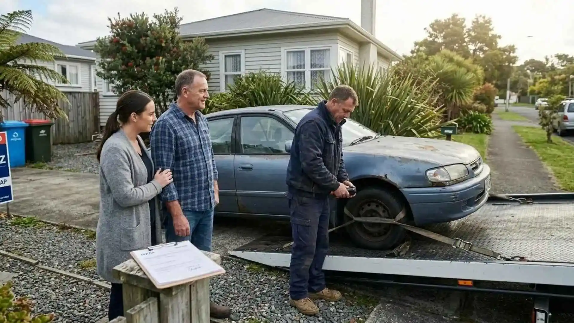 Car wrecker in Dunedin collecting an unwanted vehicle for cash