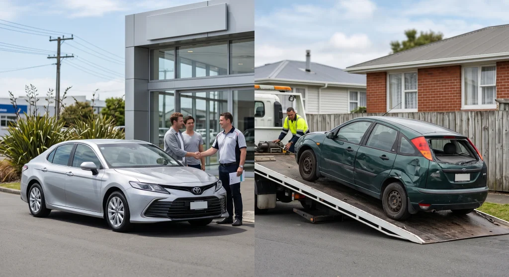 Trade vs Scrap Car NZ comparison between a dealership trade-in and a car wrecker pickup