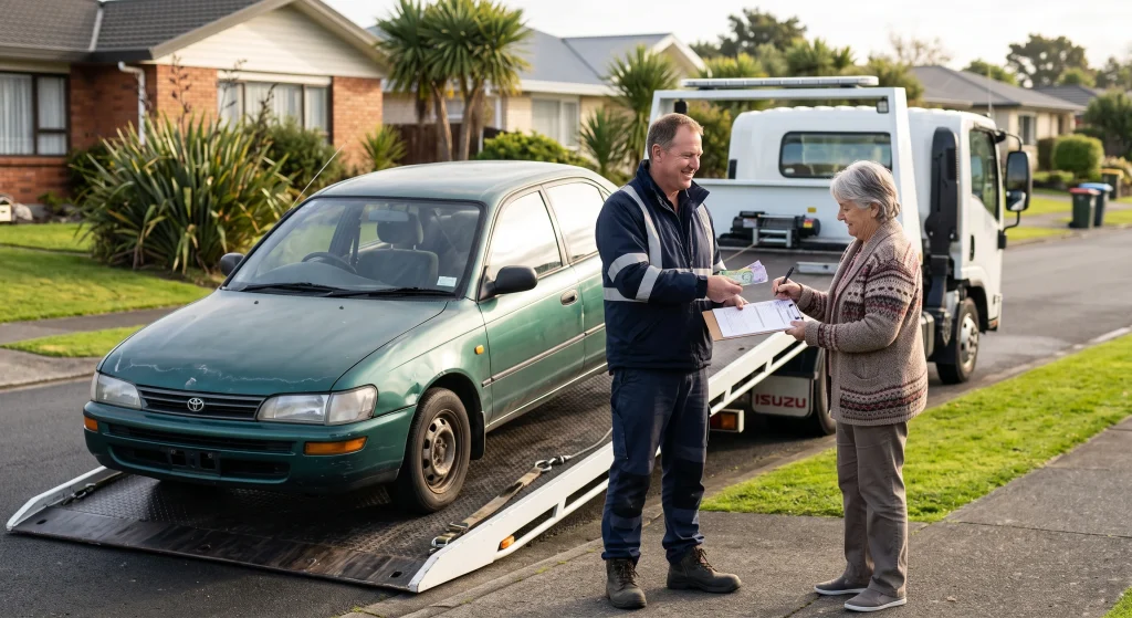 Car wrecker collecting a scrap vehicle in New Zealand with free pickup and instant payment