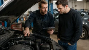 Car failed WOF inspection in NZ as a mechanic explains repair costs to a vehicle owner