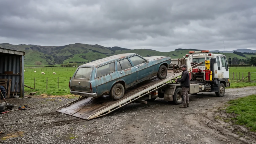 Flatbed tow truck loading an old non-running car for free removal by a car wrecker in Otago