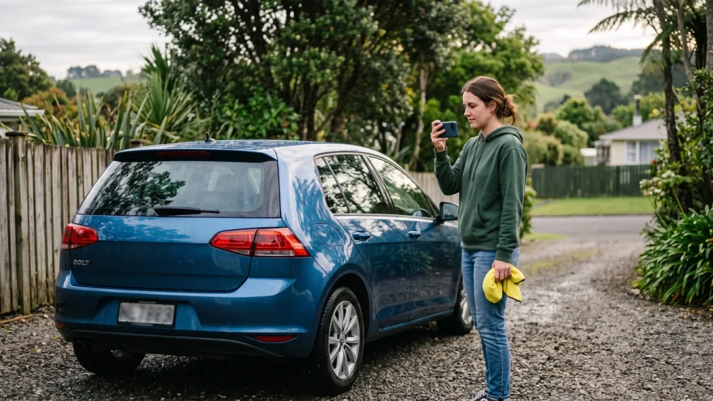 Car owner photographing a freshly cleaned hatchback in a driveway to list it for a private sale in NZ