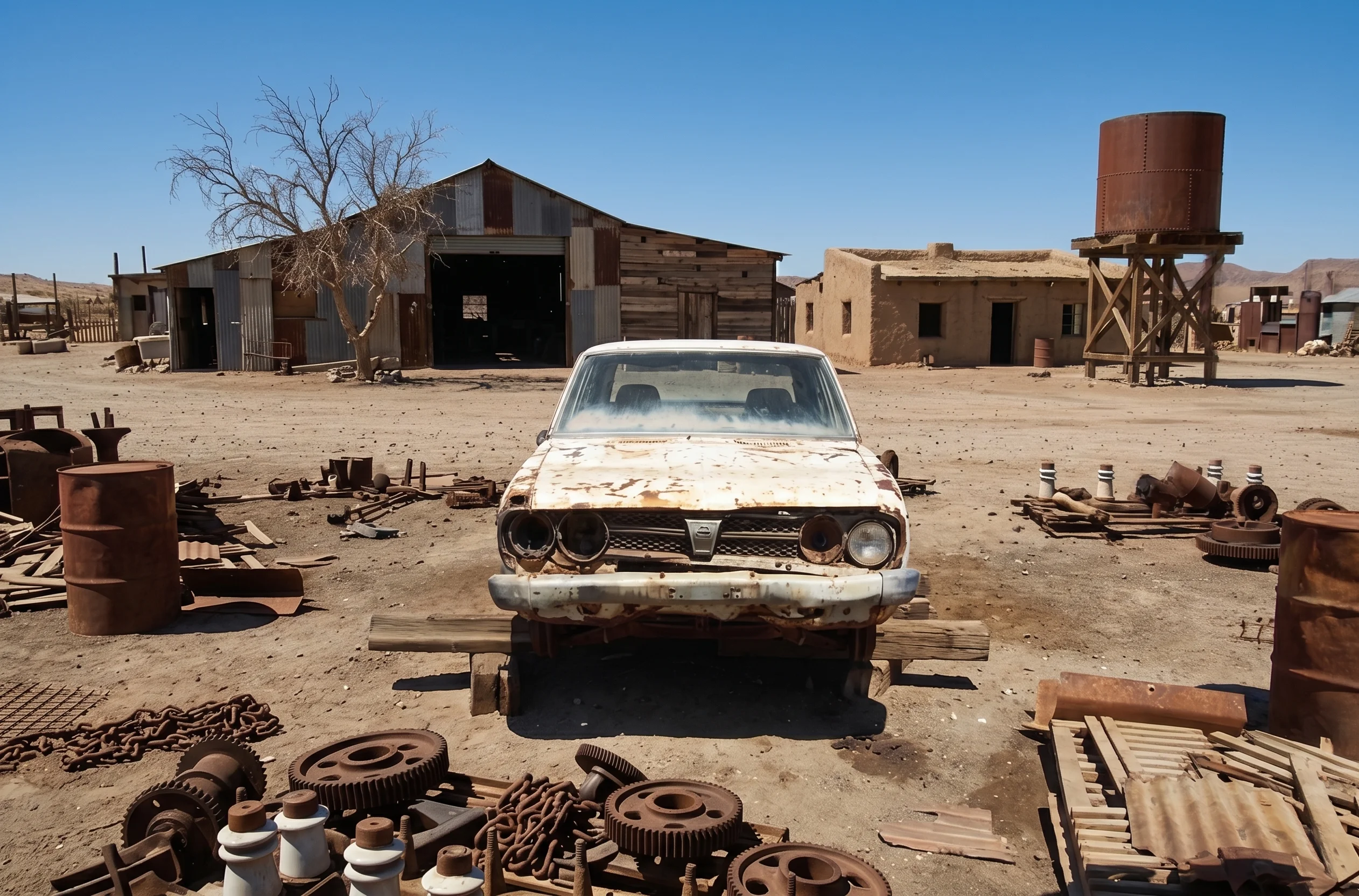 A rusty old white car without wheels in a desert junkyard with old buildings in the background.