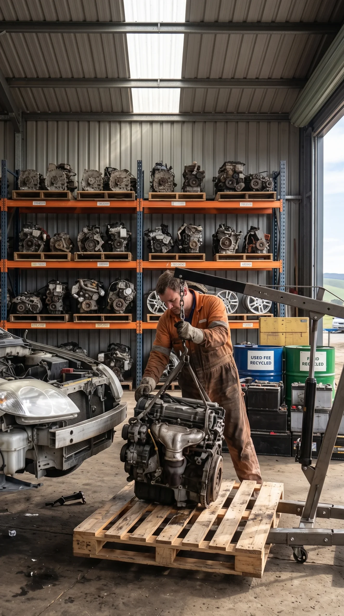 A mechanic removing a car engine using a hoist inside an organized auto recycling workshop with shelves full of reusable car parts.