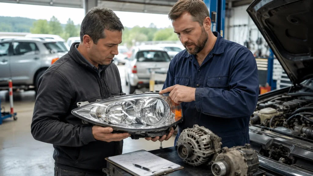 Mechanic checking used car parts safe to buy by confirming vehicle fitment before installation