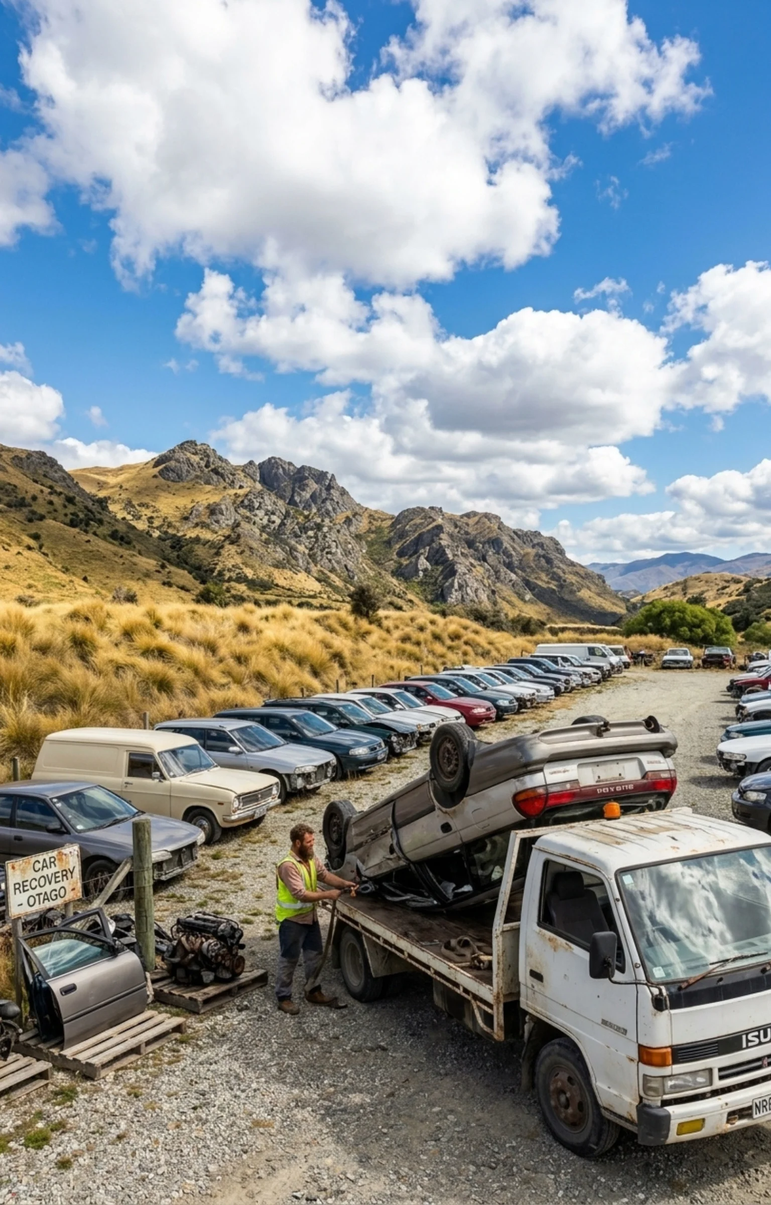 A worker winches a car at car wreckers in Otago, near salvaged vehicles and rugged mountains.