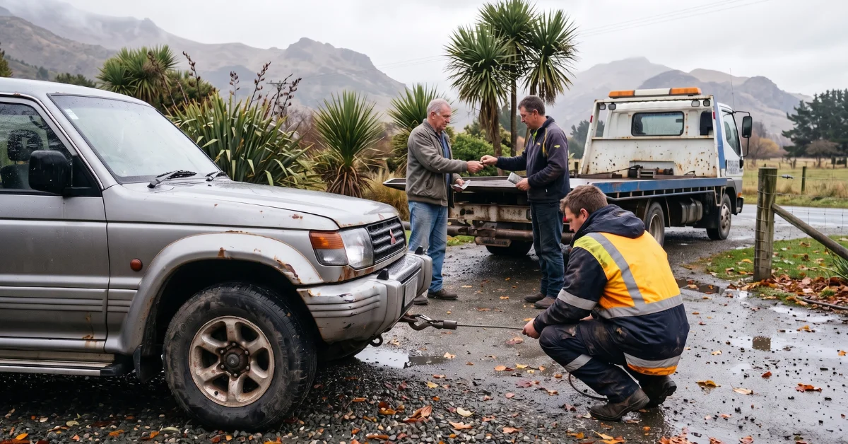 Cash for Cars Otago worker winching an old silver SUV onto a flatbed truck on a wet day.