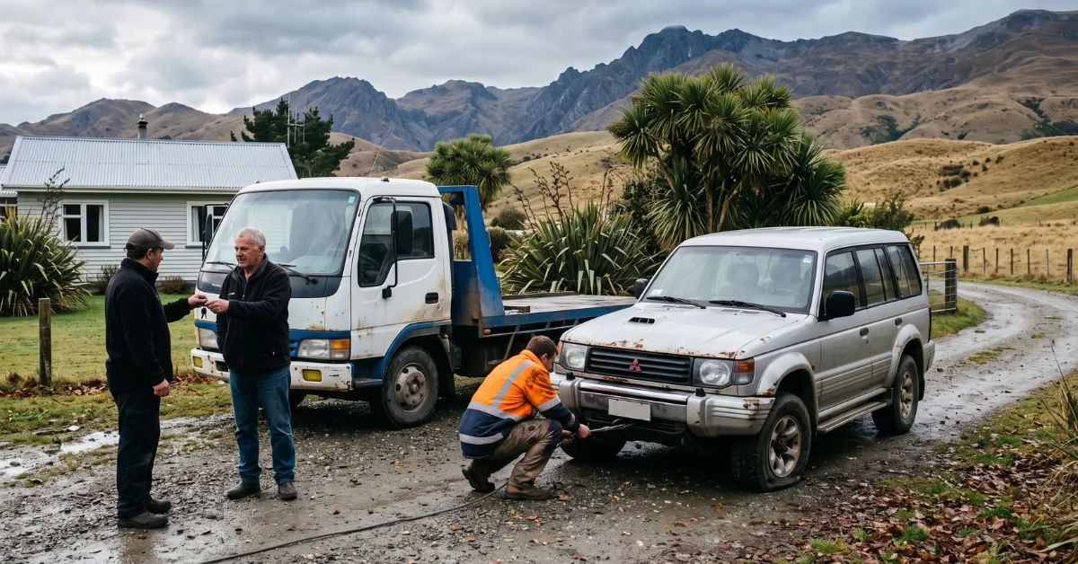 A worker attaches a winch to an old, non-running SUV on a rural Otago driveway, as the owner hands keys to another worker beside an unmarked flatbed tow truck.