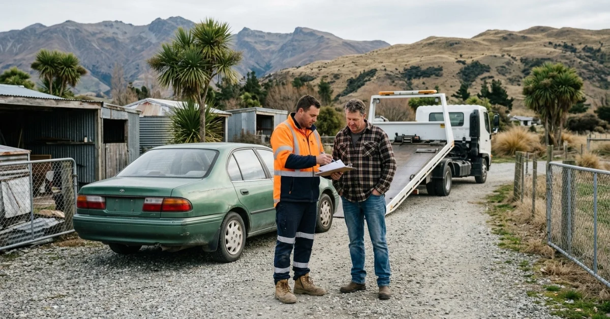 Car owner reviewing finance paperwork to scrap a car with finance owing in NZ before vehicle removal in Wanaka