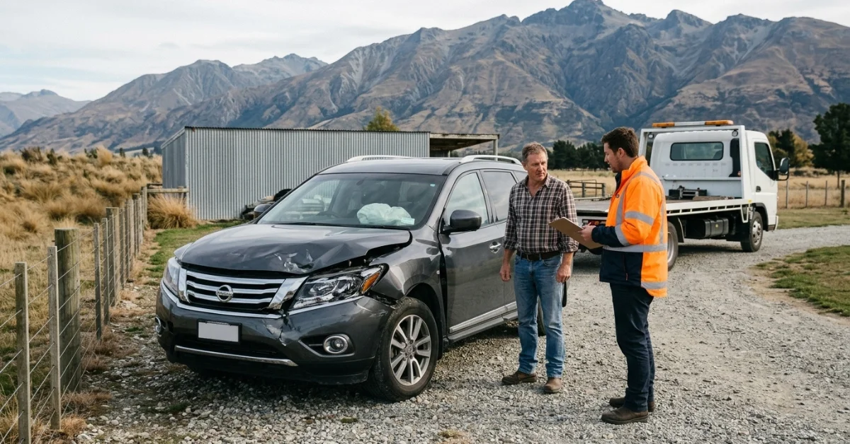 An insurer write-off assessment in Wanaka for scrapping a financed car, with an owner and operator discussing vehicle removal and sourcing used auto parts near you.