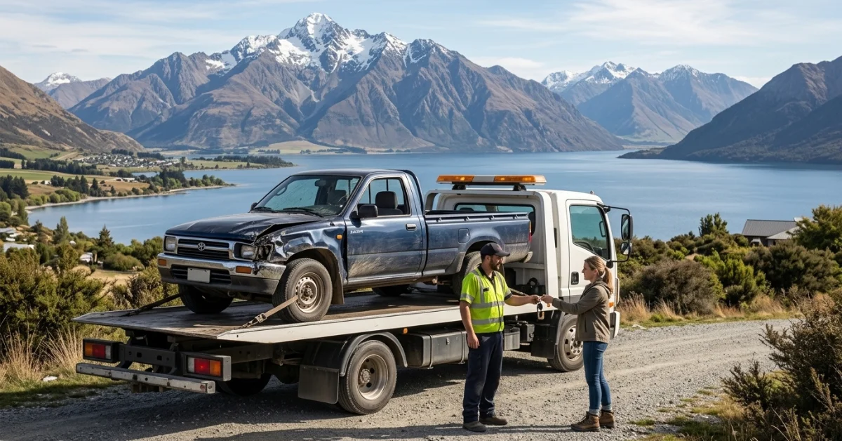 Car wreckers in Otago collect a damaged pickup truck near mountains and lake.