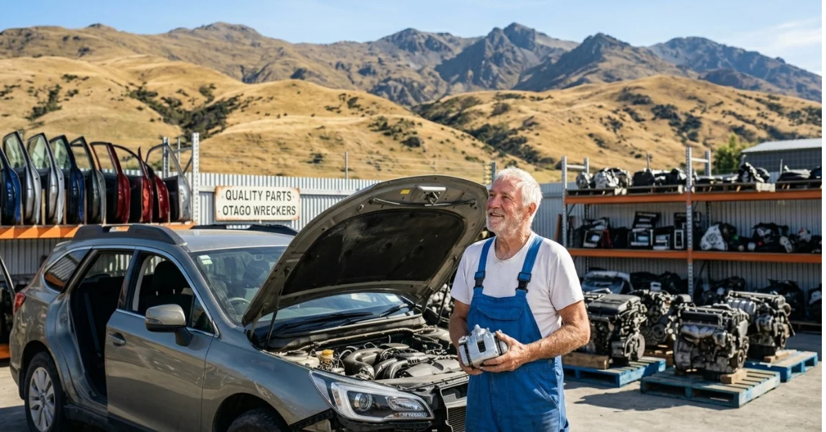 A mechanic at car wreckers in Otago holds a part in a scenic salvage yard.