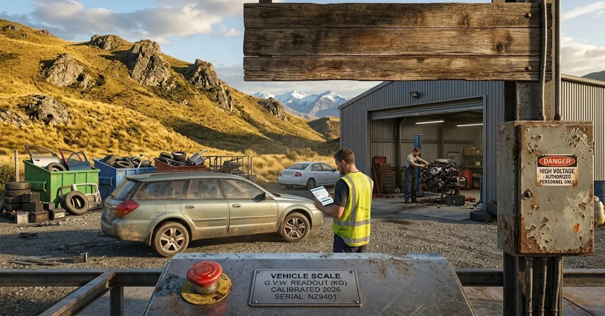 Car wreckers in Otago at a scenic weigh station with men working on vehicles.