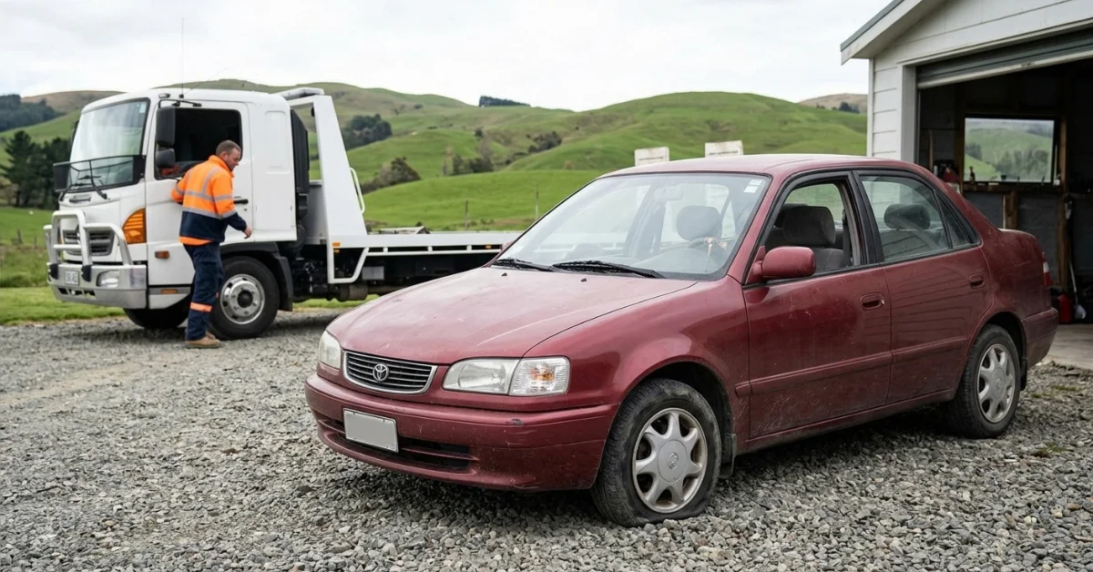 Tow truck driver collecting red vehicle to scrap a car without keys in NZ