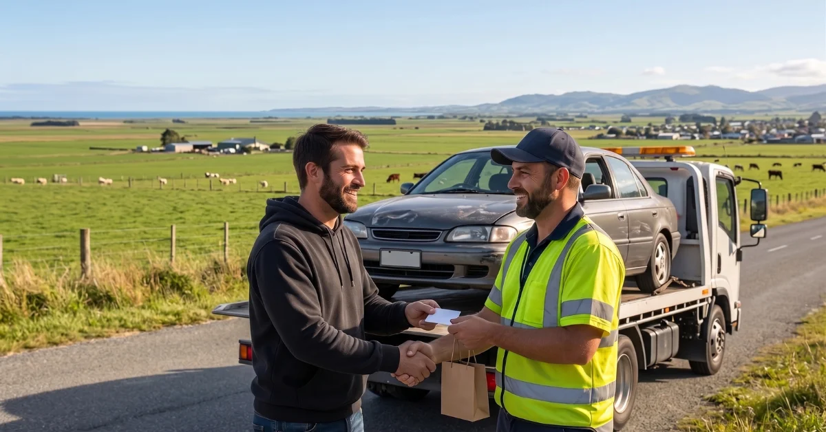 Cash for Cars Southland customer receiving cash from a tow truck driver beside a salvaged car on a Southland roadside.
