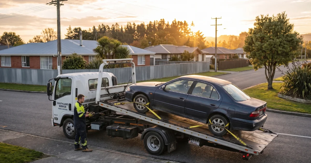 A Southland Service tow truck secures a sedan on a flatbed for a "Cash for Cars Southland" pick-up.