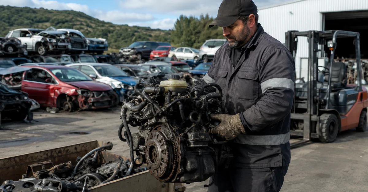 Car Wreckers Otago team member inspecting a salvaged engine at a vehicle recycling yard