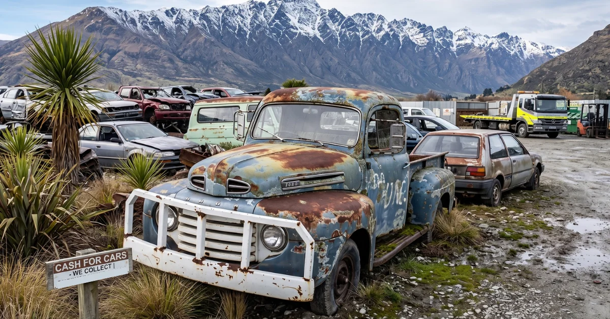 A rusted vintage blue truck in a Queenstown salvage yard, with majestic snow-capped mountains in the background.
