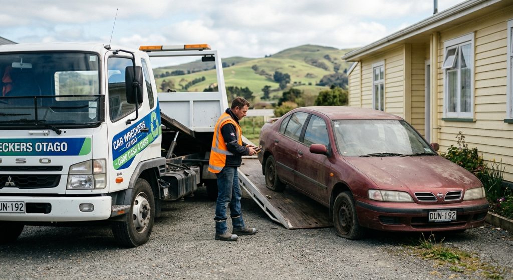 Tow truck recovering a dilapidated sedan to scrap a car without key