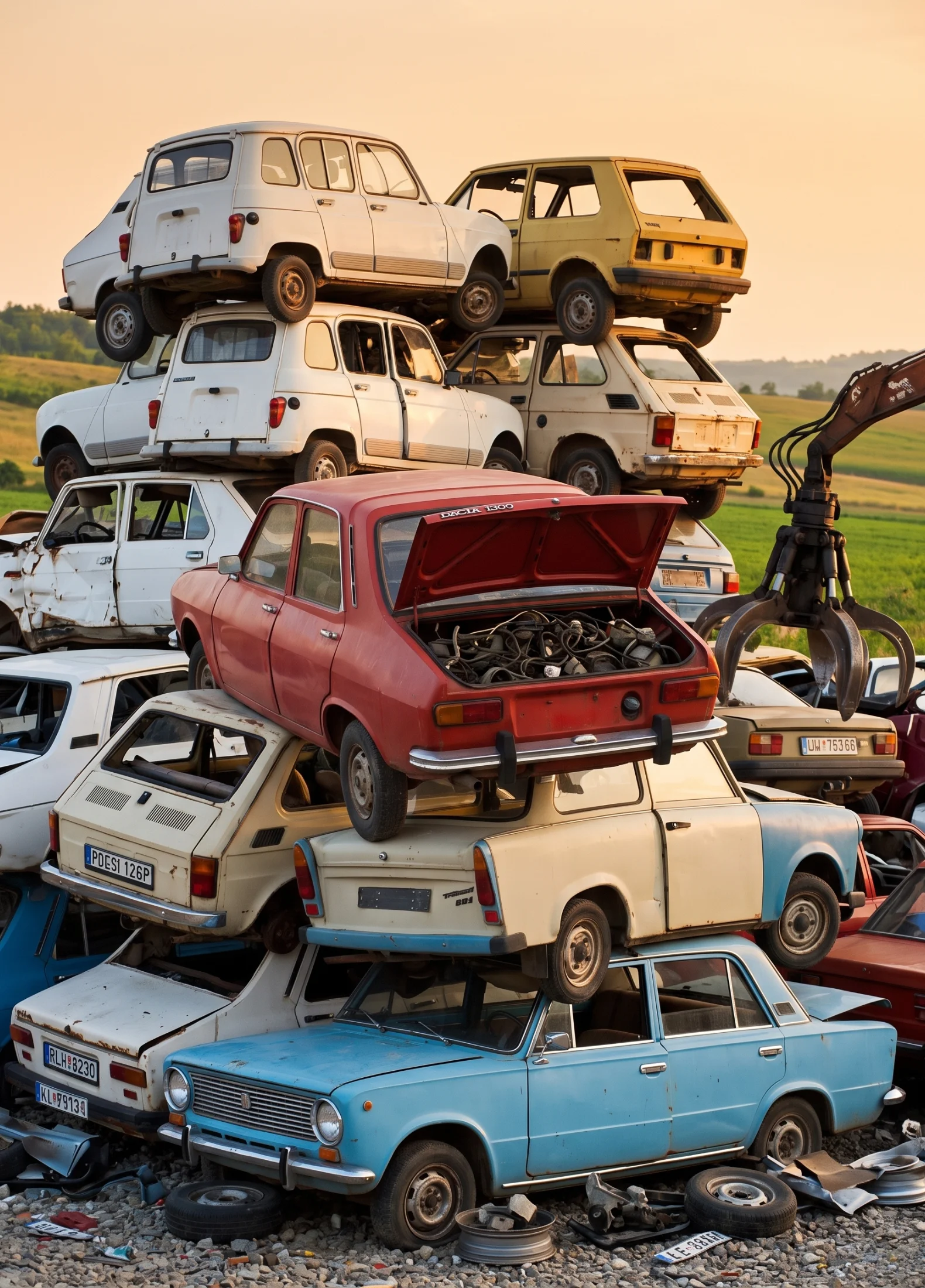 A stack of old cars in a junkyard.