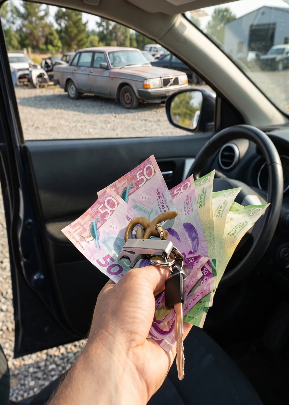 First-person perspective of a hand holding New Zealand Fifty Dollar bills and car keys. In the background, out the car door, is a gravel junkyard with an old Volvo sedan.