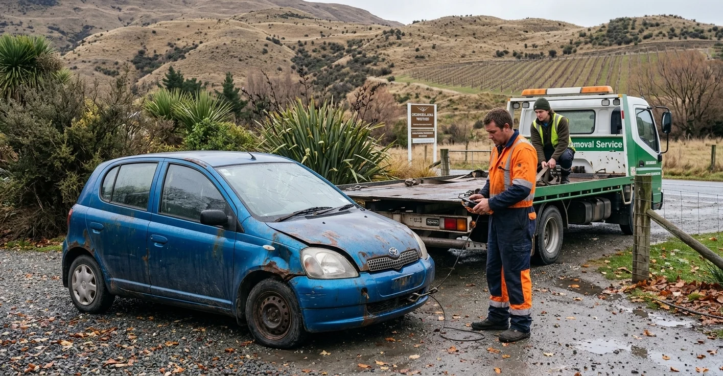 Car Wreckers Oamaru winching a damaged blue car onto a flatbed tow truck in a rural area.