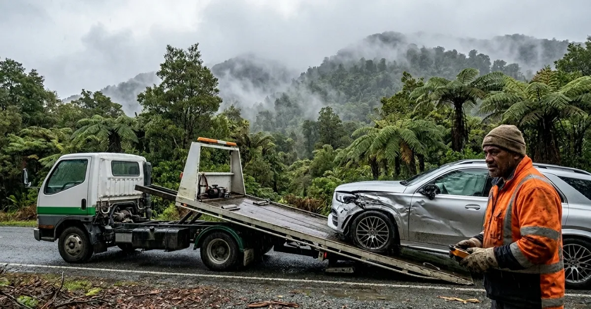 Silver SUV recovery by Car Wreckers West Coast in rainforest setting