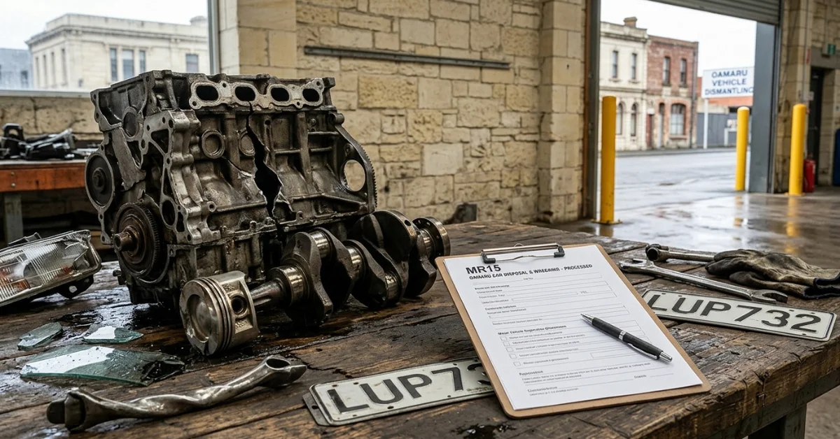 Dismantled car engine and processed MR15 forms at Car Wreckers Oamaru workshop.