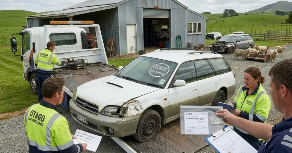 Unregistered car wrecker NZ collecting a Subaru wagon from a farm in Otago