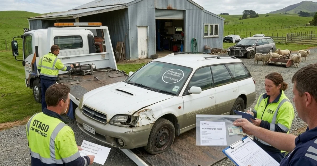 Unregistered car wrecker NZ collecting a Subaru wagon from a farm in Otago