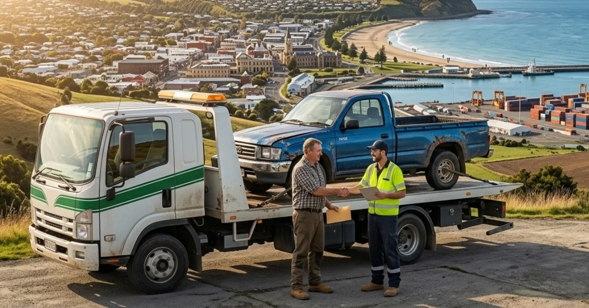 Timaru Car Wreckers tow truck at Caroline Bay overlooking the port.