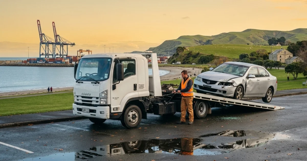 Tow truck loads a wrecked silver sedan for Timaru Car Wreckers near the port.