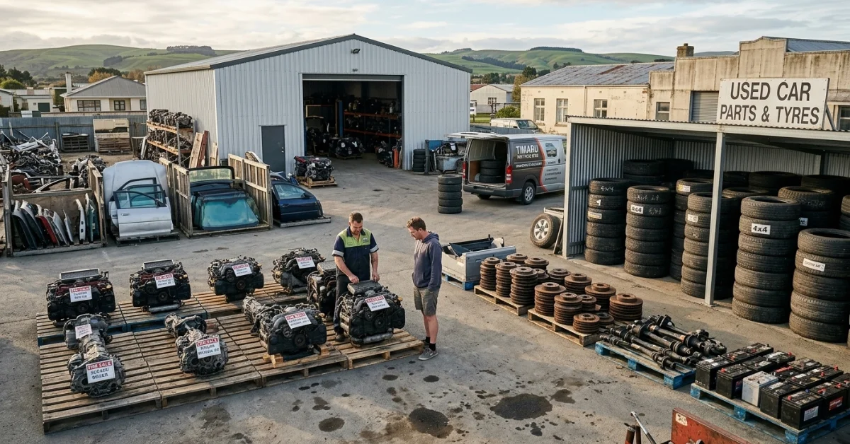 Timaru Car Wreckers salvage yard with engines, tires, and people discussing an engine.
