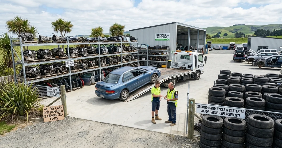 Timaru Car Wreckers dismantling yard with parts racks, staff, and a truck.