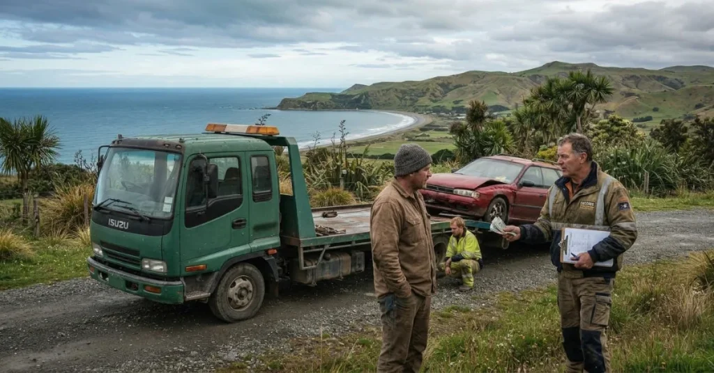 Timaru Car Wreckers truck, damaged car, and men discussing price by the sea.