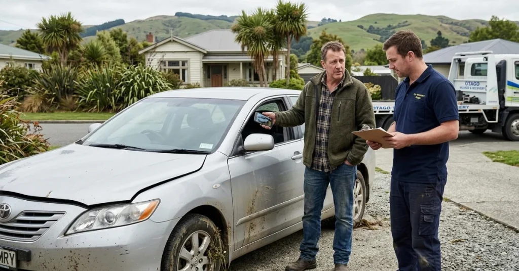 A dirty Toyota sedan assessed as a flood-damaged car in NZ by wreckers.
