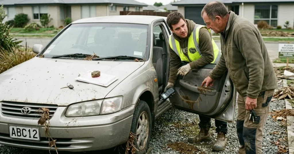 Two men inspect the muddy interior of a flood damaged car in NZ