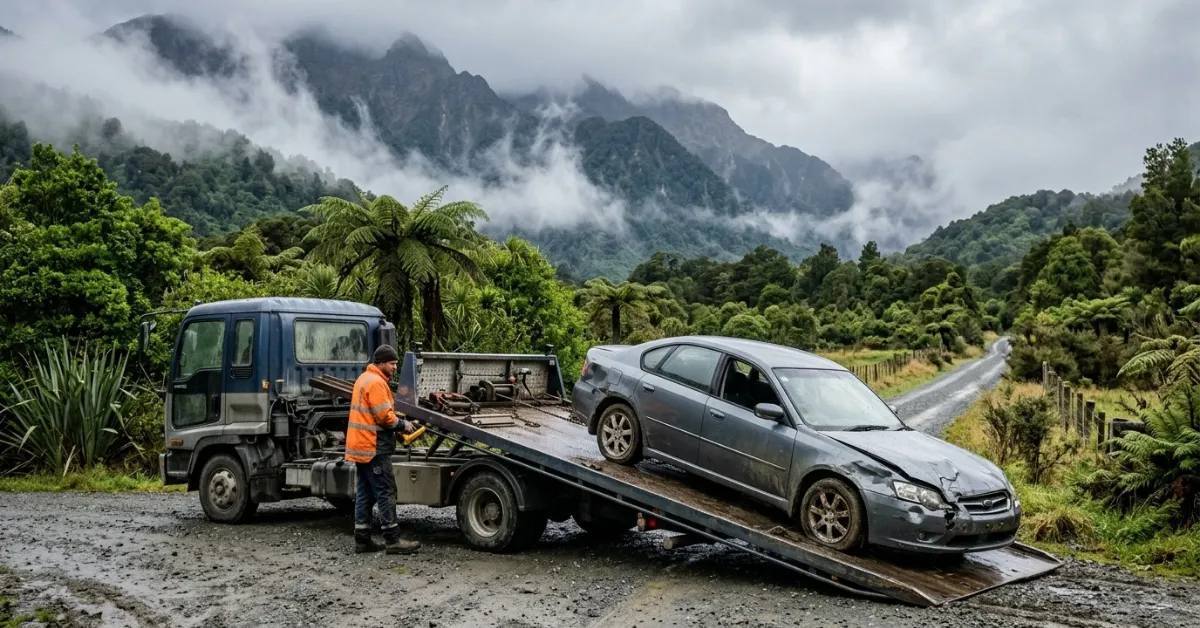 Car Wreckers West Coast removing a damaged sedan from a misty forest road.
