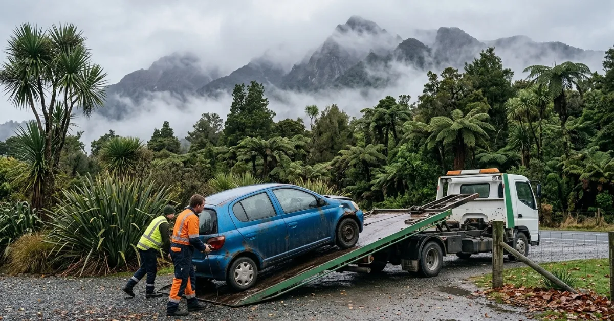 Car Wreckers West Coast loading a blue hatchback onto a flatbed tow truck.