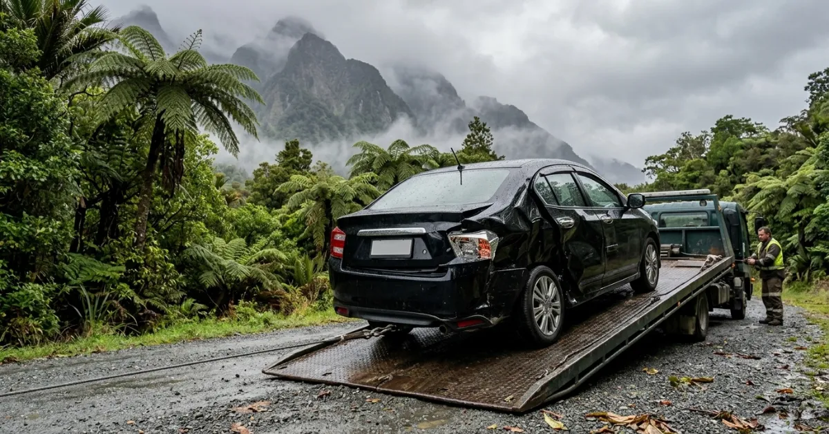 Car Wreckers West Coast towing a wrecked black sedan on a rugged mountain road.