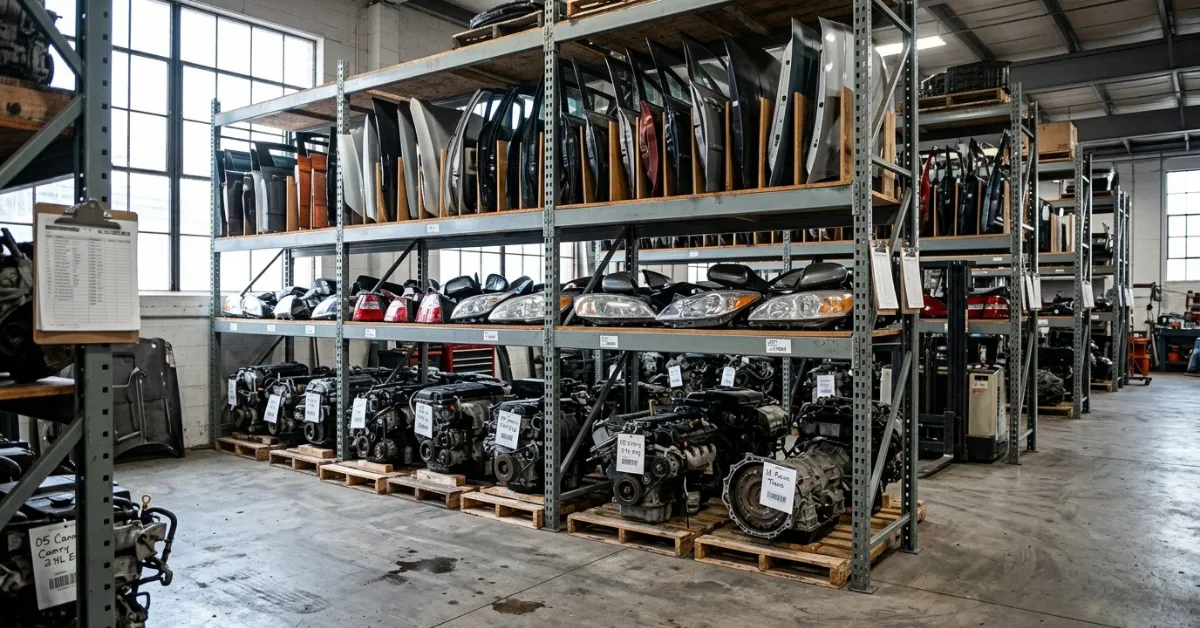 Warehouse with rows of salvaged engines, headlights, and car parts on shelves.