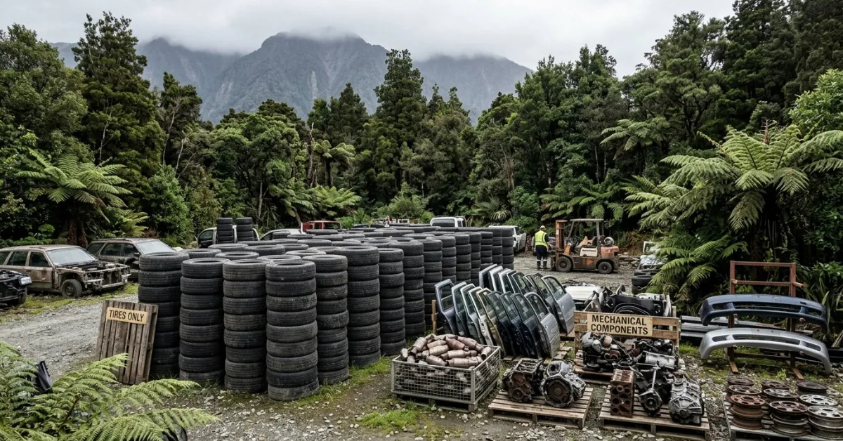 ar Wreckers West Coast scrapyard with tire stacks and mountain background.